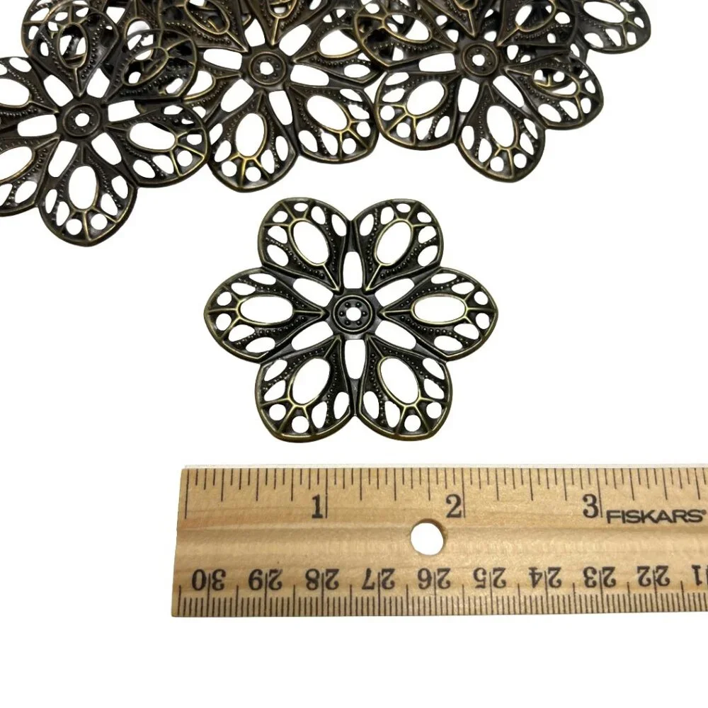 10 Large Filigree Openwork Flower Pendant Finding Stamping Antique Brass Tone